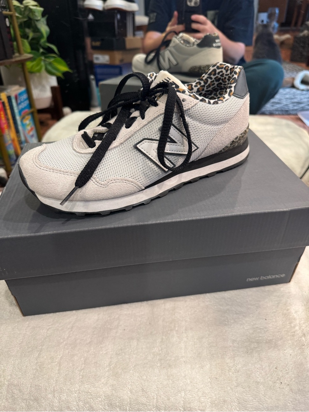 New Balance Women’s Light Gray Sneakers with Black Accents and Leopard Lining
